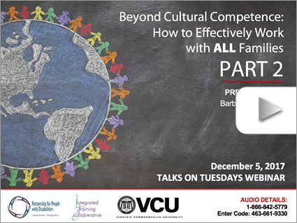 Beyond Cultural Competence (Part 2) – Webinar by Barbara Grant, MA (Dec 5, 2017). Logos displayed. Image: Stick figures holding hands around a globe.