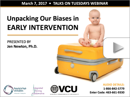 Unpacking Biases in EI – Webinar by Jen Newton, PhD (Mar 7, 2017). Logos displayed. Image: Baby sitting on a yellow suitcase.