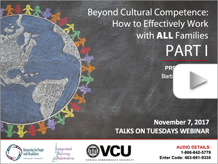 Beyond Cultural Competence (Part 1) – Webinar by Barbara Grant, MA (Nov 7, 2017). Logos displayed. Image: Stick figures holding hands around a globe.