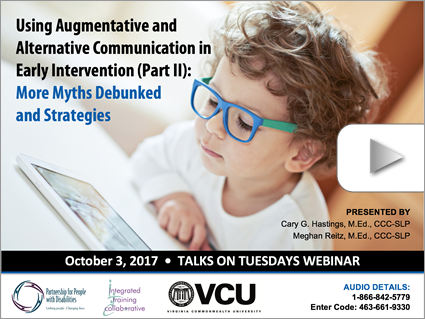 AAC in Early Intervention (Part 2) – Webinar by Hastings & Reitz (Oct 3, 2017). Logos displayed. Image: Young boy with glasses reading a tablet.