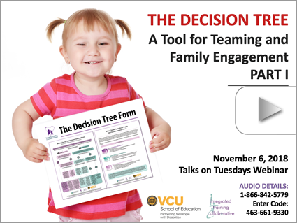 The Decision Tree: A Tool for Teaming and Family Engagement (Part 1) – Webinar by Patterson & Terry (Nov 6, 2018). Logos displayed. Image: Toddler holding a Decision Tree Form.