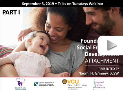 Foundations of Social Emotional Development: Attachment - Part I – Webinar by Grinney (Sept 3, 2019). Logos displayed. Image: Two adults smile at a laughing baby.