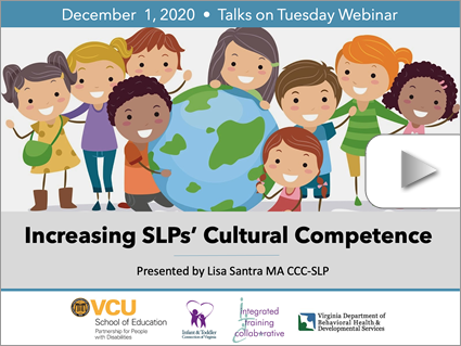 Increasing SLPs' Cultural Competence – Webinar by Santra (Dec 1, 2020). Logos displayed. Illustration: Various children pose around a globe, smiling and waving.