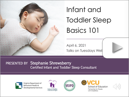 Infant and Toddler Sleep Basics 101 – Webinar by Shrewsberry (Apr 6, 2021). Logos displayed. Image: A baby sleeps on its back.