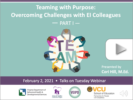Teaming with Purpose: Overcoming Challenges with EI Colleagues PART I – Webinar by Hill (Feb 2, 2021). Logos displayed. Illustration: Overhead shot of people sitting around a table. Their hands move letters, spelling the word “TEAM”.