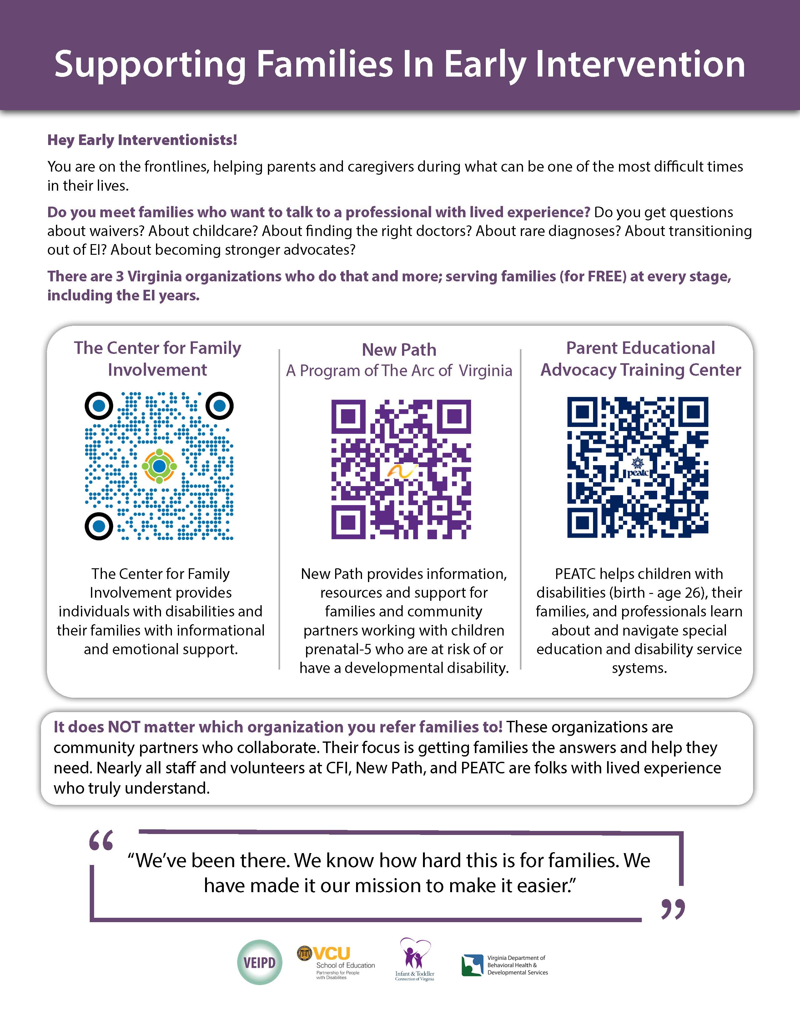 An informational flyer featuring the logos and descriptions of three organizations: The Arc of Virginia's 